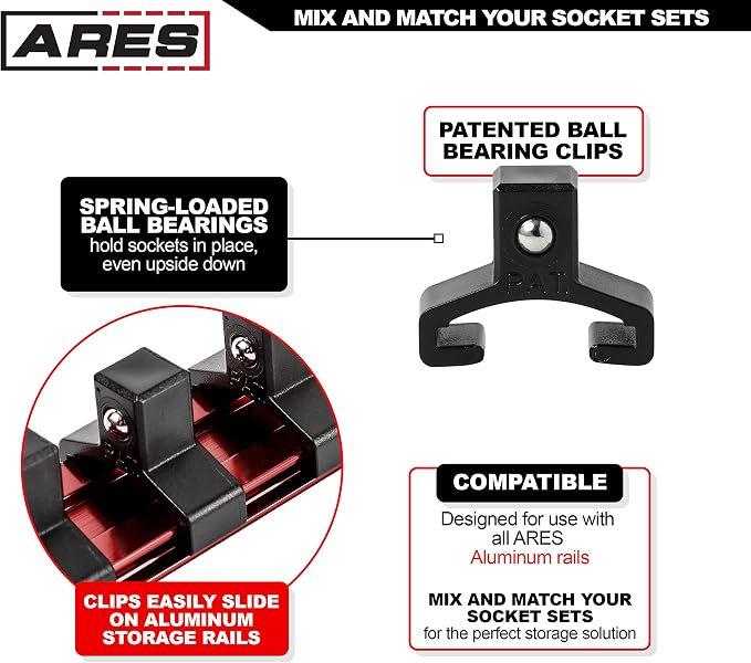 ARES 70135 3/8-In Red Socket Rail 9.84-In | Part No. 70135; Store up to 10 Sockets and Keep Your Tool Box Organized
