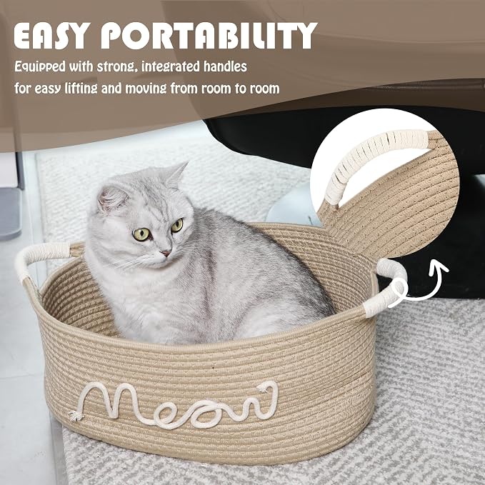 Sea Team Cat Toy Storage Basket with Handles, Beige Meow | Large Cotton Rope Storage Bin, Shelf Basket, Organizer for Pet Chew Toys, Foods, 16.5 x 11 x 7 Inches, 4.4 Gallons