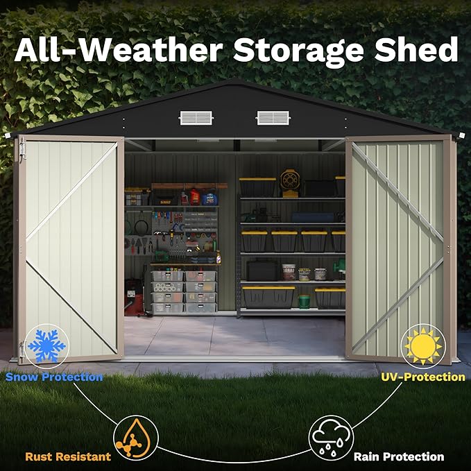 Patiowell 10x14 FT Outdoor Storage Shed, Brown | Garden Metal Shed, Lockable Doors, Sloping Roof, Large Outside Utility Tool Sheds For Backyard Garden Patio