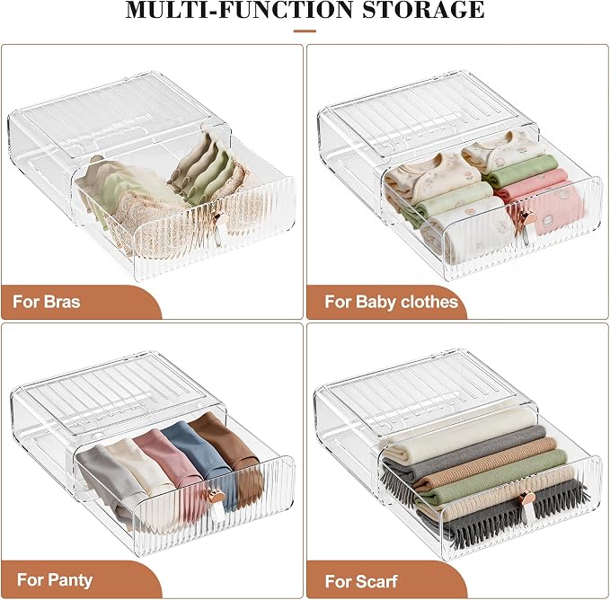 Underwear Drawer Organizer - Stackable Bra Organizer for Closet, 1 Cell Clear Acrylic Bra Storage Box, Closet Organizers and Storage for Lingerie, Undergarment, Baby Clothes, Scarf
