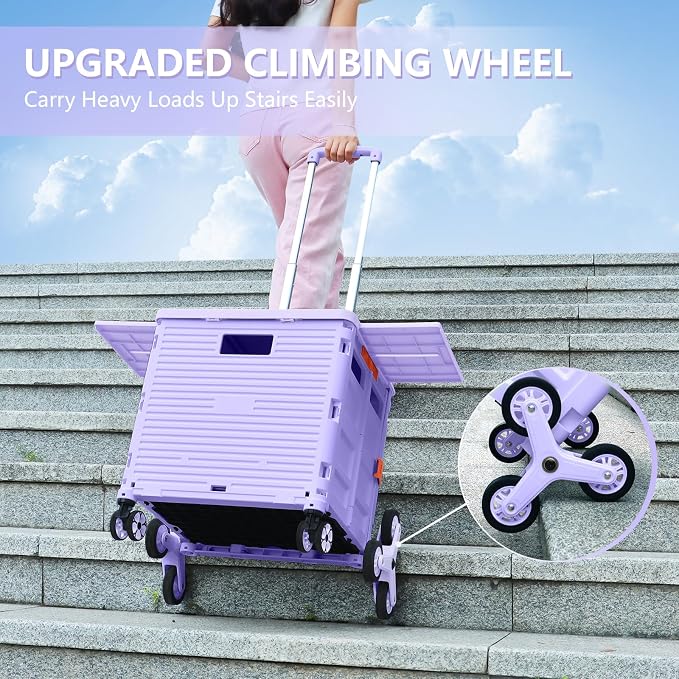 Foldable Utility Cart with Stair Climbing Wheels,Collapsible Rolling Crate with Magnetic Lid Telescopic Cover,Telescoping Handle,360° Rotate Wheel Hand Cart for teacher Shopping Moving Grocery(Purple)