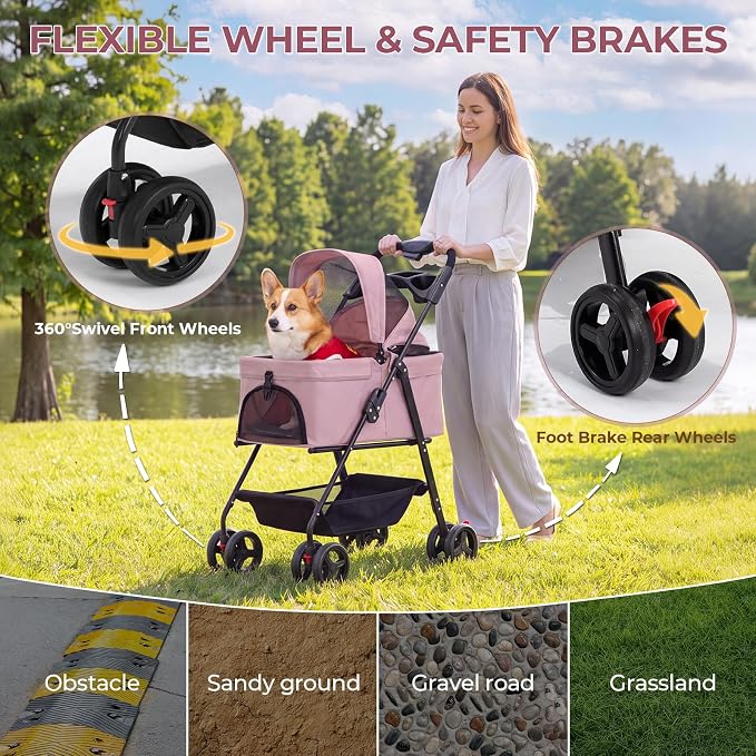 4-Wheel Pet Stroller for Small Medium Dogs Cats, One-Click Foldable | Portable Dog Stroller, Detachable Carrier, Cup Holder & Storage Basket, Safety Tether, Breathable Mesh, Up to 44lbs, Pink