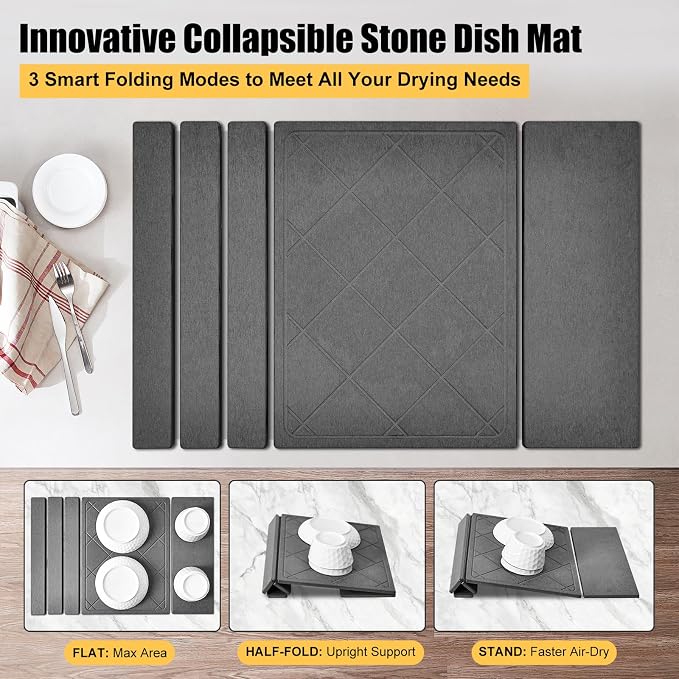 3-in-1 Collapsible Stone Dish Drying Mat for Kitchen Counter | Foldable Water Absorbing Diatomaceous Earth Drying Organizer Pad for Plate Rack Bottles Utensils (Gray - Grid Pattern, 24‘"x16")
