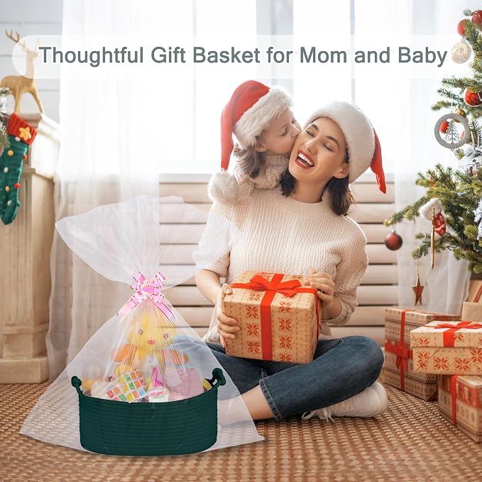 COMSE Small Gift Basket Empty with Bag & Ribbons, Solid Dark Green | Cotton Rope, 12"x 8"x 5", Pet Toy Storage Organizer, Woven Basket for Birthdays, Baby Showers, Mother’s Day, Valentine’s Day