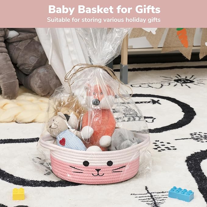 Small Woven Rope Cat Toy Basket with Cat Face Design, White Pink | 9.8" x 4" Cute Toy Storage Bin for Girls' Living Room & Nursery, Baby Gift Baskets Empty with Sturdy Handles