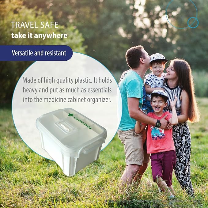 Deke Home - Portable First Aid & Medicine Organizer Box with Handle – Plastic Family Medical Storage Kit for Travel, Car, Home, Camping, Office + Pill Cutter
