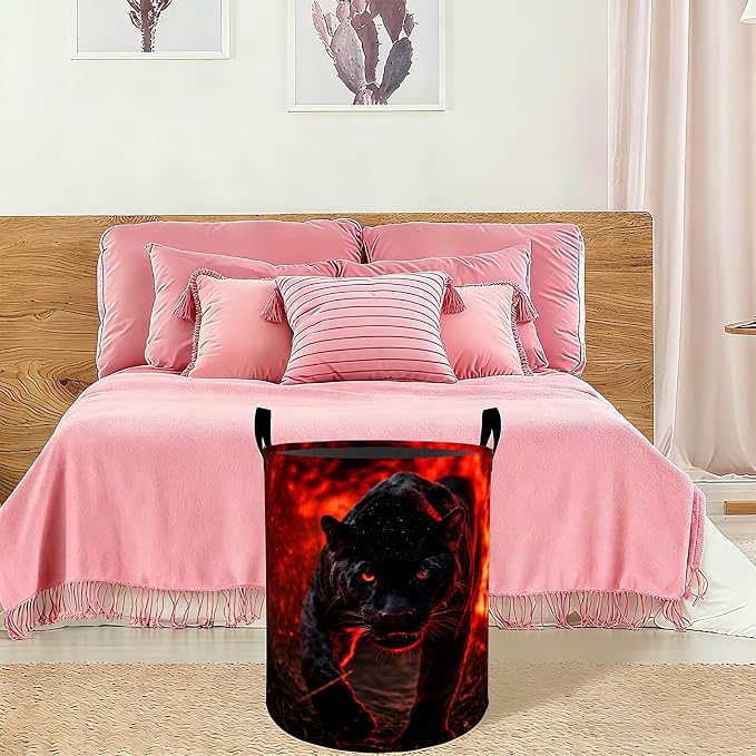 Black Panther Laundry Basket Hamper 19.7"x15.8", Organizer Bins Gifts for Women Men Adults, Fierce Wild Cat Foldable Waterproof Oxford Clothes Storage Bucket for Bedroom Bathroom Decor