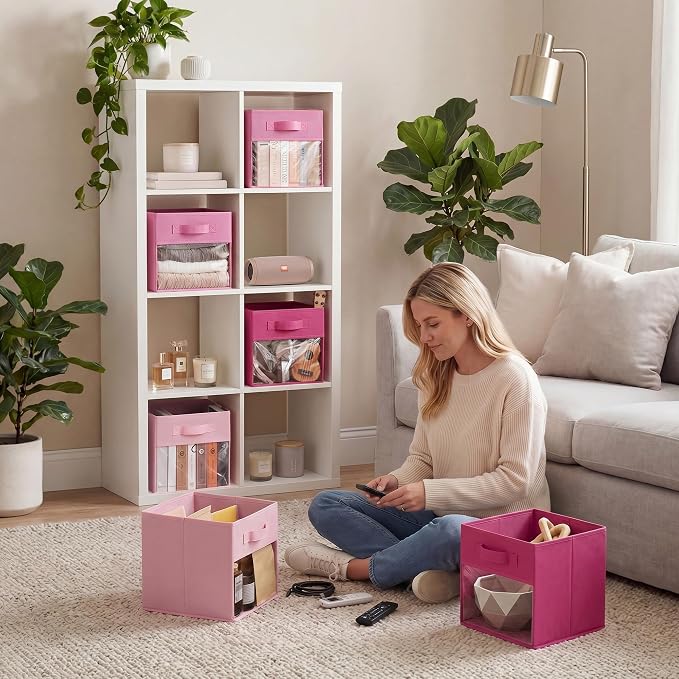 GRANNY SAYS 11x11 Storage Cubes with Clear Window, Pink Gradient, 6-Pack | Collapsible, Fabric Storage Bins with Sturdy Handles, Organizing Toys, Clothes, Decorative Baskets for Shelves, Closet