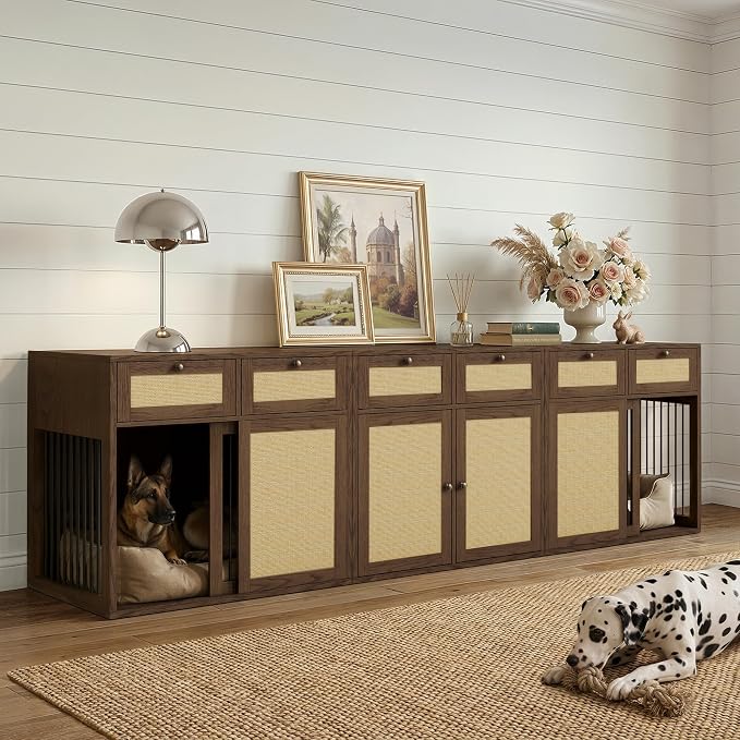 PureCozy 3-Piece Double Dog Crate Furniture, 120 Inch, Dark Oak | Left and right kennels for 2 dogs plus center cane storage cabinet; metal sliding doors and 6 total drawers.