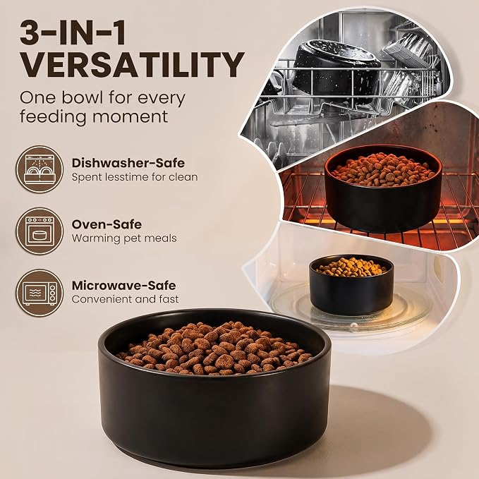 hjn Elevated Ceramic Dog Bowl with Bamboo Stand, Raised Pet Feeding Station for Small Medium Dogs Cats, Modern Design with Anti-Slip Base (Black, 7.6Cup)