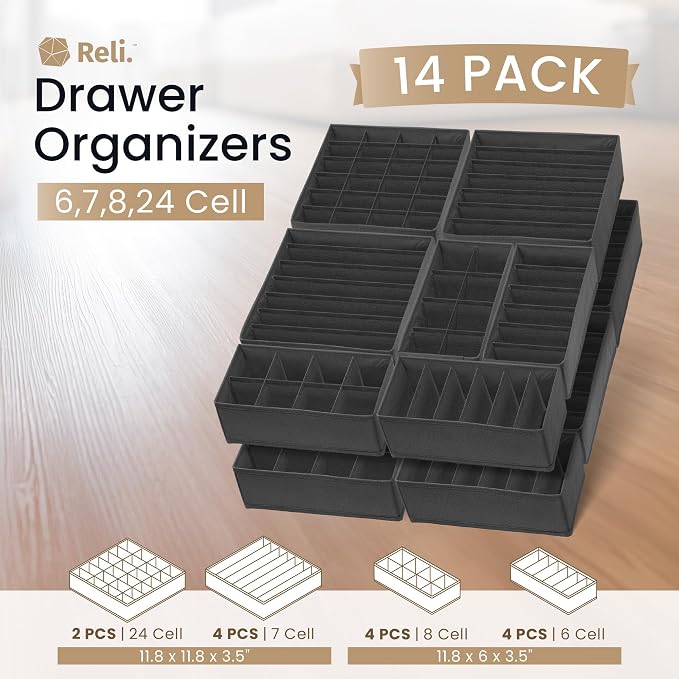 Reli. Sock Organizer (14 Pack) | 132 Cell Underwear Organizer | Gray | Drawer Dividers for Underwear, Sock, Tie, Bras, Clothing, Baby Clothes | Foldable Fabric Storage Bins for Drawer, Closet