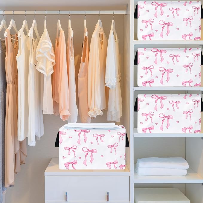 Girls Storage Basket with Pink Bow Print,14.5" x 10.2" x 9.1",Waterproof coating,Collapsible Rectangular Bin with Handles; Ideal for Girls' Gifts, Laundry, Clothes & Toy Storage,Home Organizer