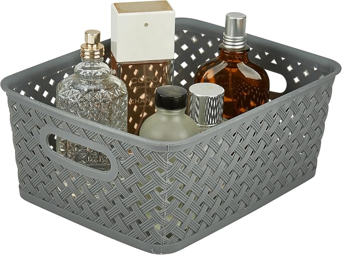 Simplify Small Resin Wicker Tote | Storage Bin | Plastic Organizer | Carrying Handles | Bathroom | Pantry | Accessories | Cleaning Products | Grey