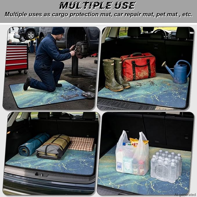 Howilath Blue Gold Marble Trunk Liner for Car SUV All Weather Non-Slip Rear Trunk Mat Durable Polyester Carpet for Daily & Outdoor Use