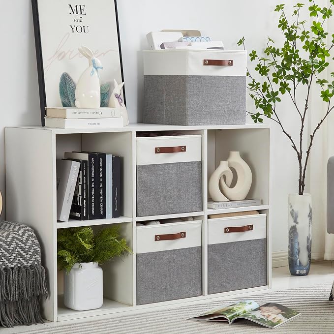 13x15x13 Storage Cube Bins, Foldable Storage Organizer Baskets, Fabric Cube Storage Boxes with 2 Reinforced PU Handles for Kallax, Shelves, Living Room | 4 Pack, Gray & White