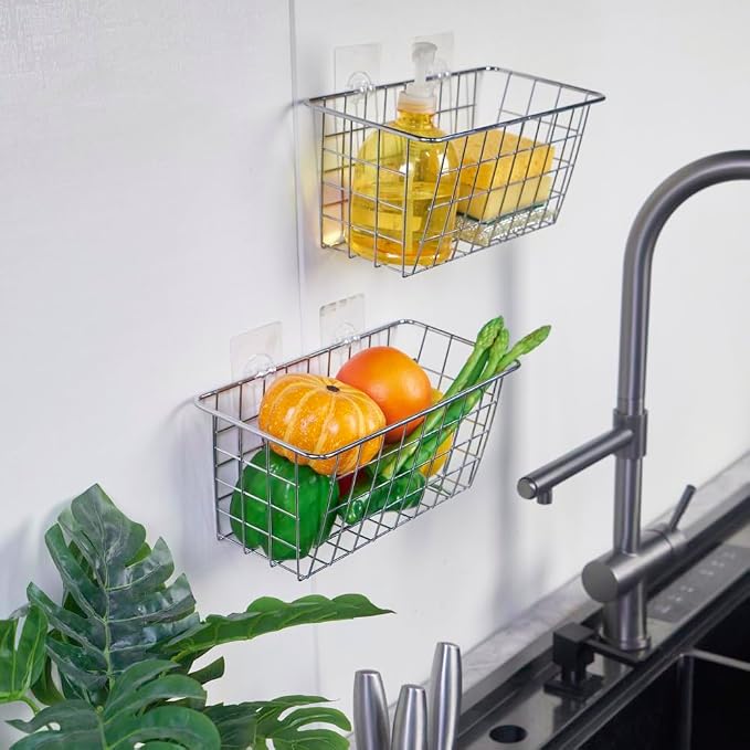 JUNCHU CHERRY 2 Pack Hanging Storage Basket, Bathroom Basket, Household Goods, with Traceless Tape, no Drilling, for Cabinet Storage, Kitchen, Bathroom, Storage Room,Chrome