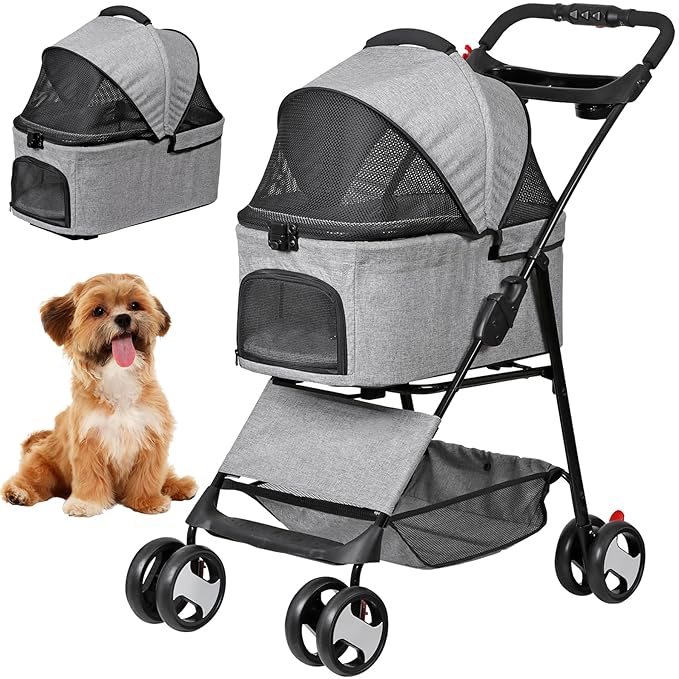 ZENY Pet Stroller, 3 in1 Foldable Dog Cat Jogger Stroller with 4 Wheels | Detachable Basket and Cup Holder, Travel Folding Carrier for Small/Medium Pet (Gray)