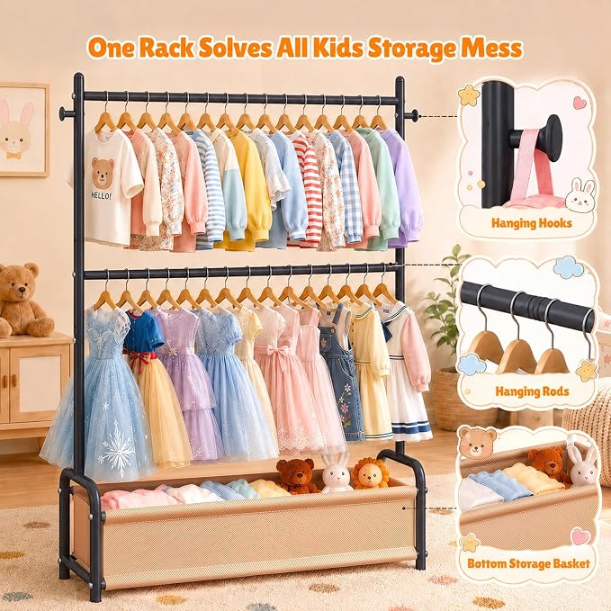Kids Clothes Rack with Double Rod Height Adjustable Clothing Rack Black | Storage Basket & Hooks, Height Adjustable Kids Clothes Rack, Portable Baby Dress Up Garment Rack for Princess Dresses