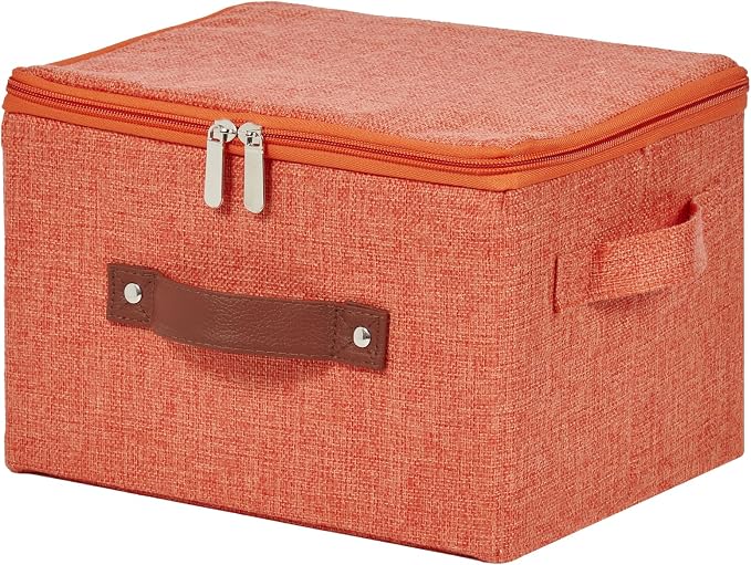 Storage Bins with Zipper Lids Decorative Lidded Baskets Boxes | Clothes Container, Closet Shelf Organizer, Foldable Washable, Cotton Linen Fabric, w/ PU Leather Handles, Orange, Small
