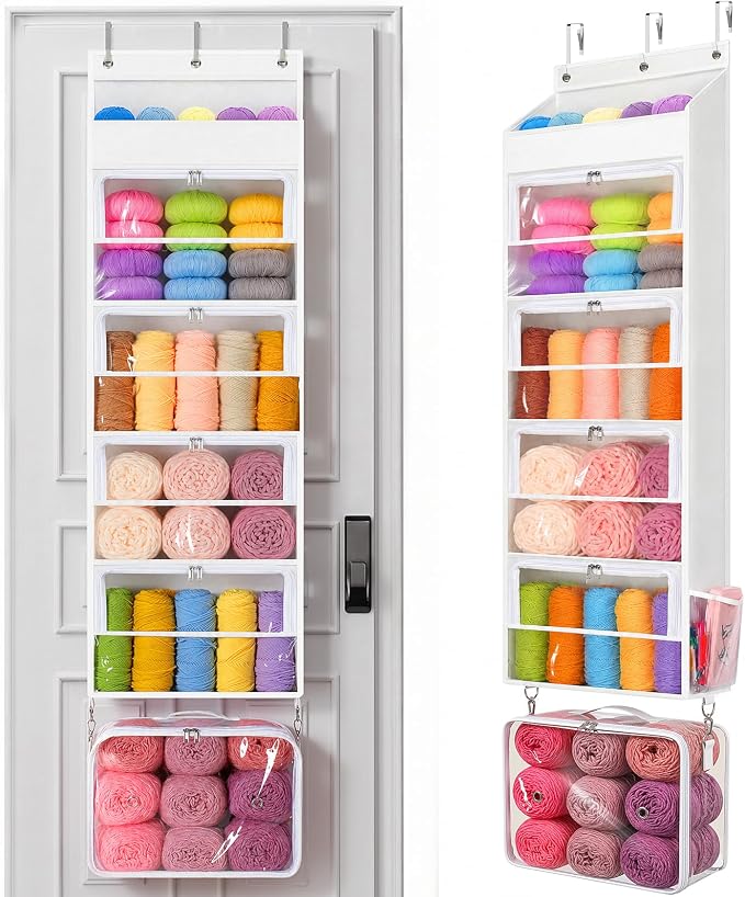 Yecaye Hanging Yarn Storage Organizer with 5 Zippered Closure Compartments, Stuffed Animal Storage with Clear PVC, Dustproof Yarn Holder for Crocheting Storage, Matte White 5 Tier with 1 Handbag