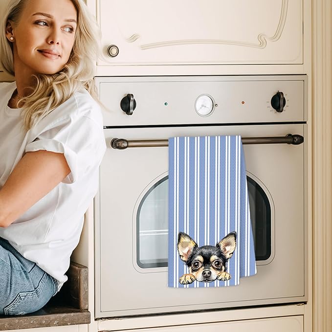 Blue and White Striped Chihuahua Dog Kitchen Towels, Chihuahua Gifts for Women Dish Tea Towels for Kitchen Decor, Dog Lovers Mom Dad Gifts Hand Towel for Bathroom Decor, 16x24 Inch