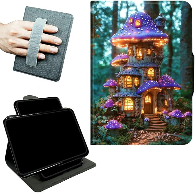 Rotating Handle Case for Samsung Tab S10 Ultra 2024/Galaxy S9 Ultra 2023 14.6", 360 Degree Swivel Kickstand with Magnetic Closure Shockproof Leather Protective Cover, Purple Mushroom Castle