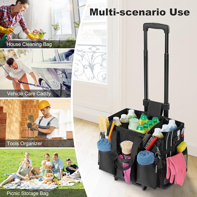Housolution Rolling Cleaning Caddy Bag with Wheels, Black | Detachable Trolley, High Bearing & Waterproof, Multifunctional Using