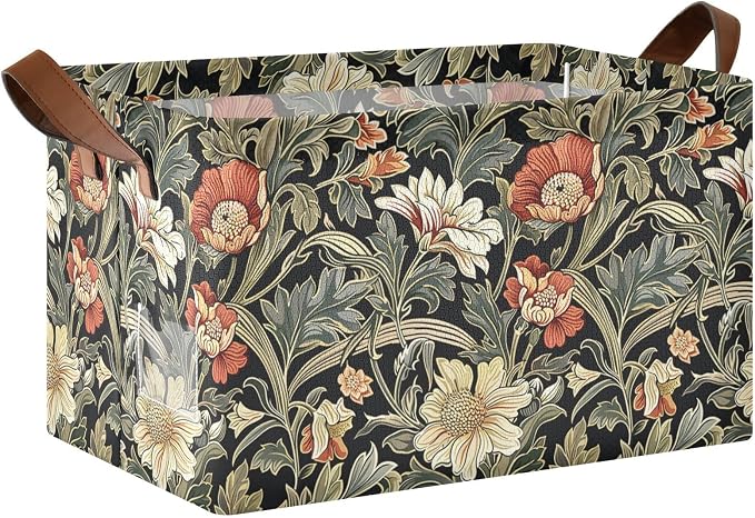 Vintage Cottage Sage Green Floral Green Black Storage Bins for Shelves with Labels&Handles Fabric Organizer Bin Foldable Rectangle Storage Basket Boxes for Closet, Bathroom, Home, Living Room