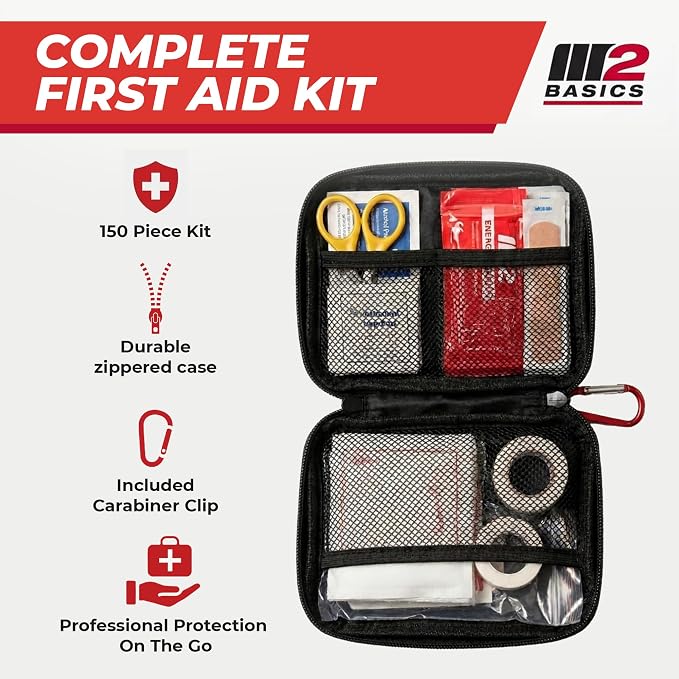 M2 BASICS 150 Piece Premium First Aid Kit, Compact Bag for Purse & Travel | On-The-Go Emergency Use, Backpack, Glove Box, Luggage, Carry-On, School, Sports, Car, RV, Boat, Hiking, Camping And Dorm