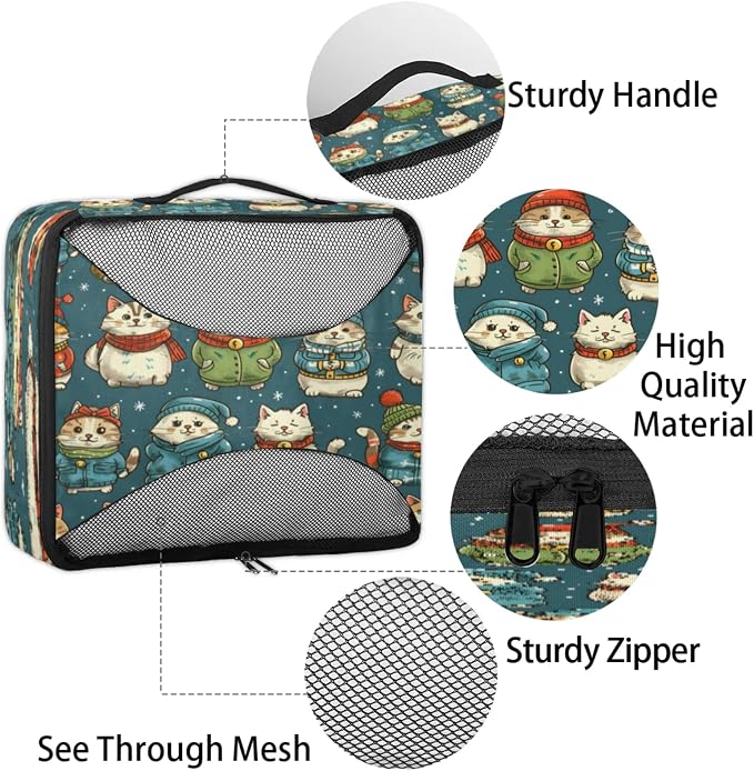 Packing Cubes for Travel, Christmas Winter Cat Travel Luggage Packing Organizers for Women Men, Large Custom Toiletries Bag for Cosmetics Toiletries, Japanese Cat