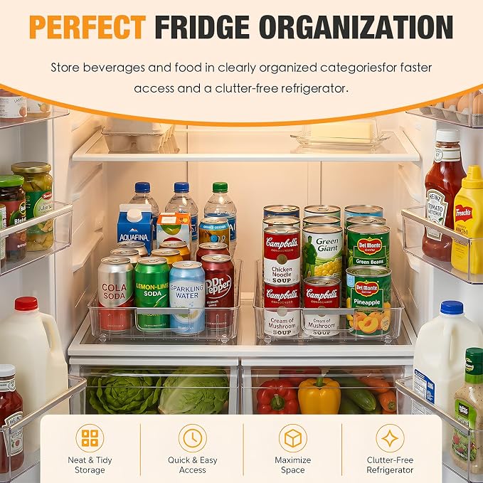 2 Pack Profile Fridge Organizer Bins with Wheels, 2.3'' Low Clear PET Roll Out Refrigerator Trays with 4 Dividers for Soda Cans, Drinks, Snacks and Pantry