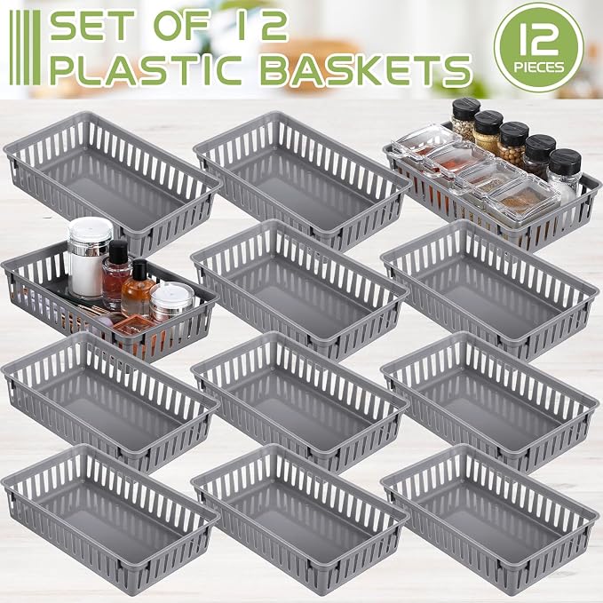 Wenqik Set of 12 Small Plastic Baskets for Organizing, Grey