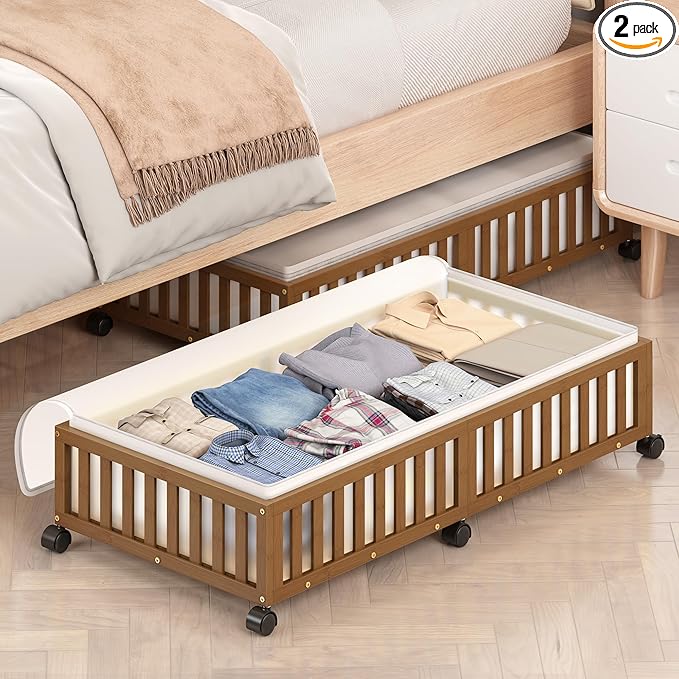 2 Pack Large Bamboo Under Bed Storage Containers with Wheels, Brown | Underbed Drawer Storage with Bag, Wood Rolling Underbed Organizer for Shoes, Sheets Clothes Blanket Comforter, Under Crib Toy