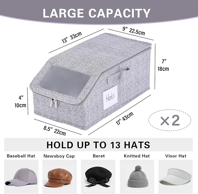 Furlide Hat Organizer for Baseball Caps, 2 Pack Stackable Storage Boxes | Protects 24-30 Caps From Dust and Pet Hair; Stackable Base, Clear Window, Front Opening and Handles Simplify Closet Storage.