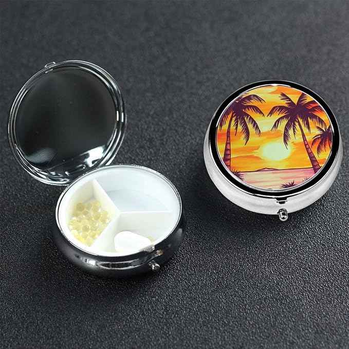 Round Pill Box Sunset Palm Tree Pill Case for Purse & Pocket 3 Compartment Pill Organizer Portable Travel Pillbox Medicine Pill Holder Container for Daily Vitamin Cod Liver Oil Storage