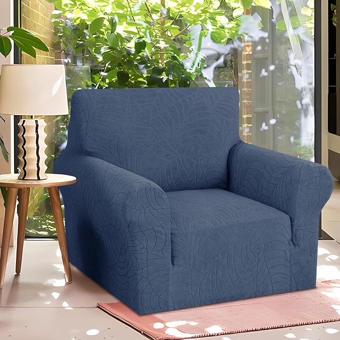 YEMYHOM Couch Cover Latest Jacquard Design High Stretch Sofa Chair Covers for Living Room, Pet Dog Cat Proof Armchair Slipcover Non Slip Magic Elastic Furniture Protector (Small, Begonia Leaf Navy)