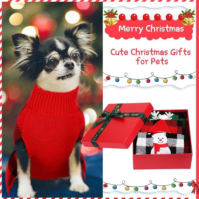 Sanwuta 3 Pack Dog Christmas Sweater Knitted Santa Reindeer Snowman,Medium | Festive Holiday Outfit, Turtleneck Knit Plaid Design, Winter Party Photo Props, Cozy Pet Costume for Small Dogs