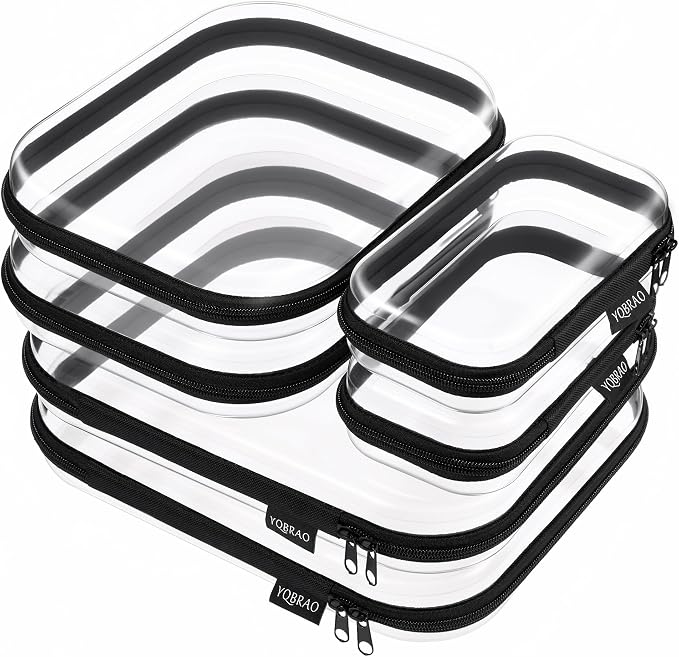 YQBRAO Clear Hard Shell Zipper Cases, 6 Multi-Size Organizers, Black | Rigid clear shells in three practical sizes organize toiletries, cosmetics, cables, stationery and household essentials