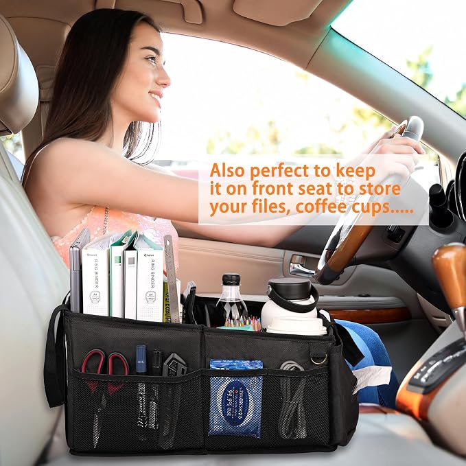 HEYSKAY Backseat Car Organizer Car Caddy Passenger Seat Organizer for Kids | Collapsible Small Car Storage, Console Front Seat Car Organizer for Truck, SUV and Minivan, Adjustable Compartment Space