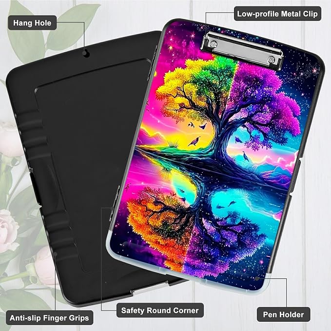 A4 Clipboard with Storage Pen Holder, Clipboards Organizer Nursing Clipboard Foldable File Folder Plastic Clipboard Folio Clip Board for Office Work Classroom Doctor, Purple Green Tree