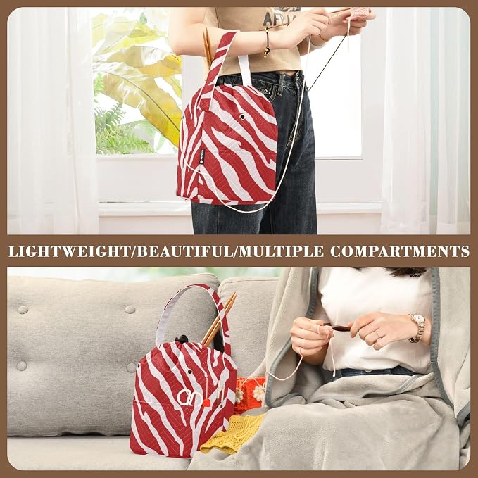 Tatenale Crochet Bag Yarn Bag Knitting Project Bag with Pockets and Handle Portable Yarn Storage Organizer Tangle Free 8.3x11 InchRed Zebra Print44