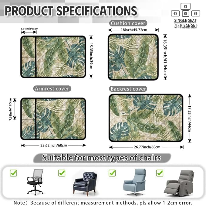 4 Piece Tropical Leaves Quilted Recliner Covers Washable Monstera | Recliner Slip Covers for Lazy Boy Recliners Non Slip Vintage Chair Covers with Arms for Living Room Decor, Stain Resistant