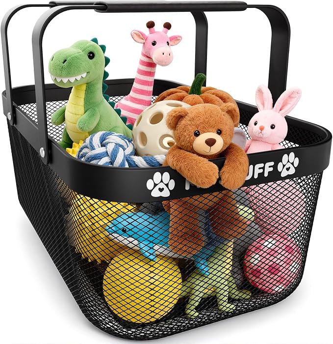 Metal Dog Toy Basket: Pet Toy Box Storage Bin for Living Room Area, Mesh Design and Sturdy 16 (L) x 9.5 (W) x 7 (H) inches
