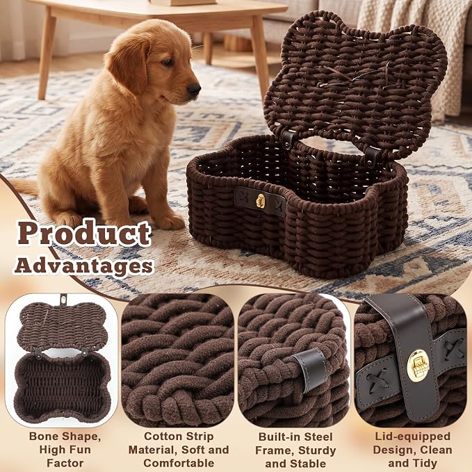 Novabright Bone Shaped Dog Toy Basket with Lid, Cotton Rope Woven Pet Toys Bin with Latch and Handle, Handmade Dog Toy Organizer Storage Brown Bin for Puppy 15" x 11.2" x 6.5"