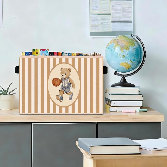 Basketball Teddy Bear Sports Foldable Fabric Storage Bin | Basketball teddy bear stripe design; foldable fabric storage bin for kids room, nursery, playroom, toys, books, clothes.