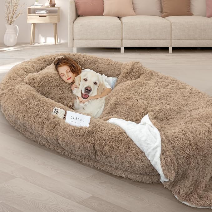 ROOMTEC Human Dog Bed, 78''x51''x12'' Size Fits Adult and Pet Washable Giant People Bed 10 CM Thick Memory Foam Large Oversize Pet Bed with Plump Pillow, Blanket, Strap - Khaki