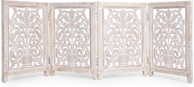 Lightnpro 4-Panel Carved Wooden Dog Gate with Stopper – 72 Inch Extra-Wide Foldable Freestanding Pet Barrier, White Wash Indoor Safety Fence for Small Dogs & Puppies – 24x18 Inch Panels
