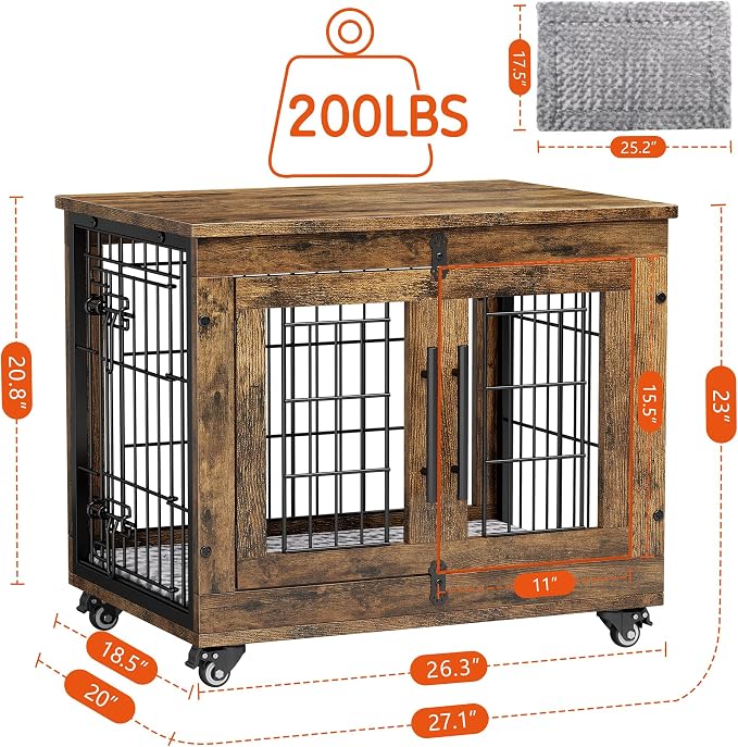2 Pack Dog Crate Furniture, 27.1'' Heavy Duty Kennel with Cushion & Wheels | Rustic Brown, Double Doors, Wooden Dog Cage, Chew-Resistant, End Table, Decorative, 27"/32"/38"/44" Options, Indoor