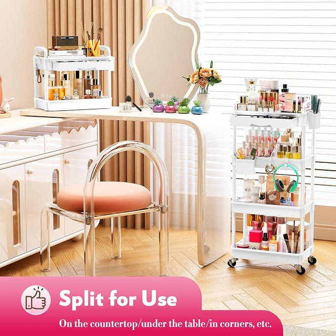 SUNALLY Makeup Cart Organizer with Drawer,4 Tier Rolling Makeup Cart, White | Rolling Vanity Storage for Skin Care Perfume Nail Polish, Floor Skincare Organizers Cosmetics Display Bathroom Storage Cart