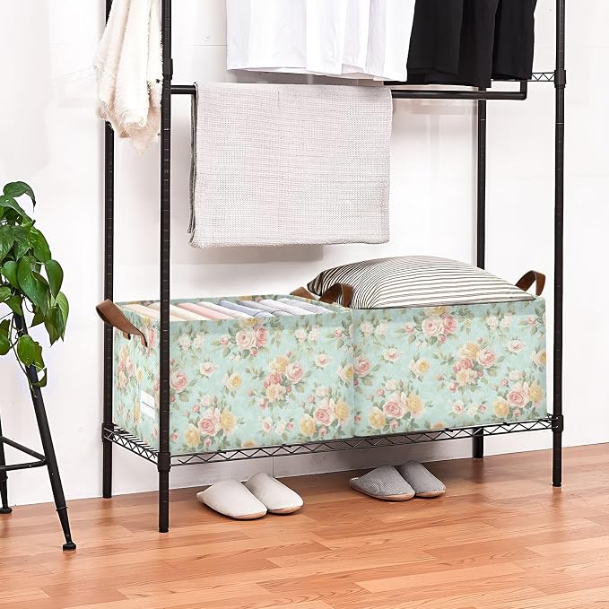 French Country Style Roses and FlowersStorage Bins for Shelves with Labels&Handles Fabric Organizer Bin Foldable Rectangle Storage Basket Boxes for Closet, Bathroom, Home, Living Room